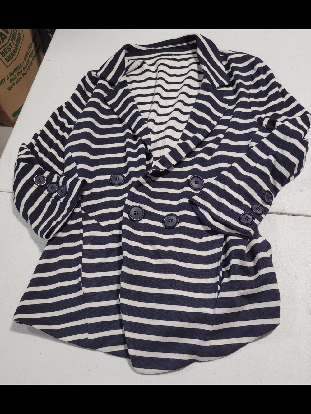 Striped Navy and White Double-Breasted Women's Blazer - Picture 1 of 3